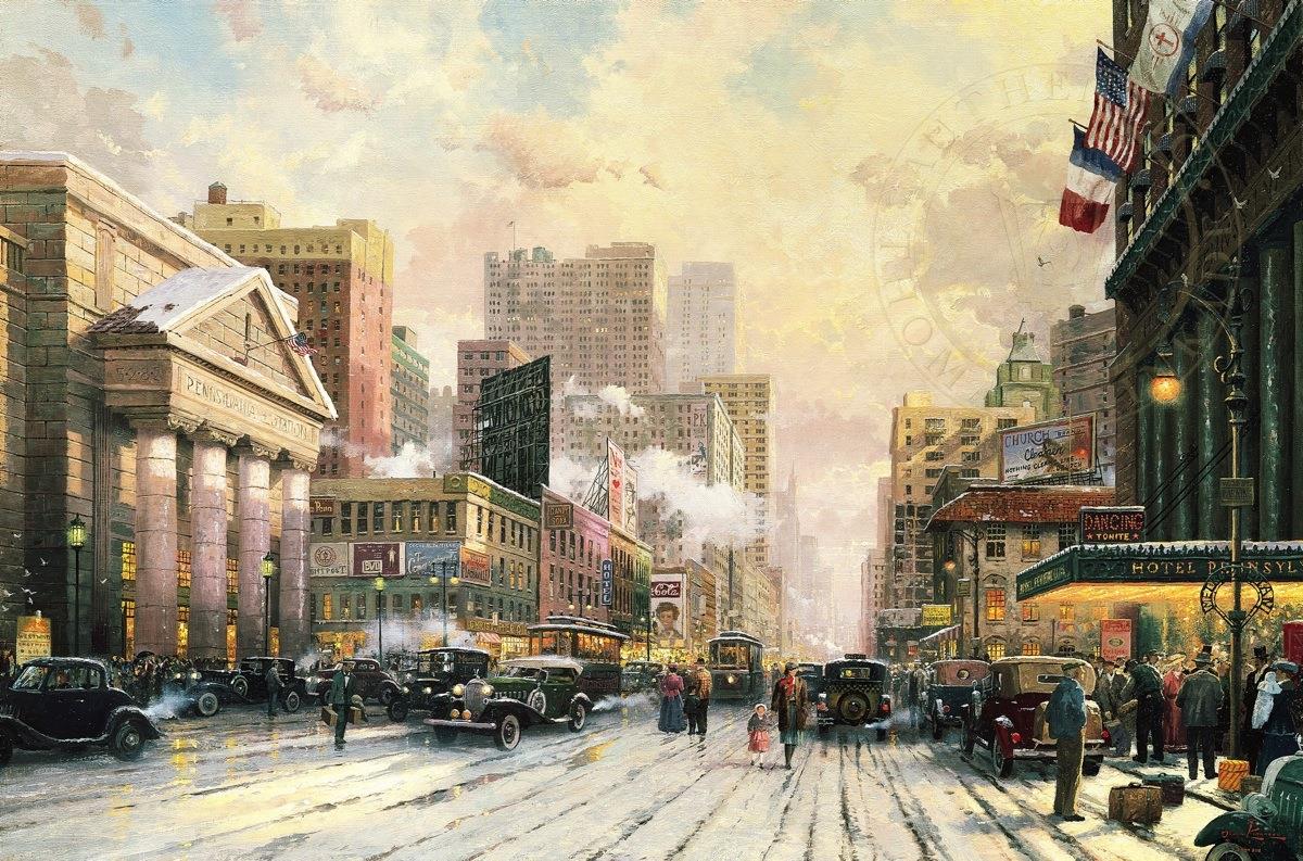 Nueva York Nieve en la Séptima Avenida 1932 Thomas Kinkade Pintura al óleo